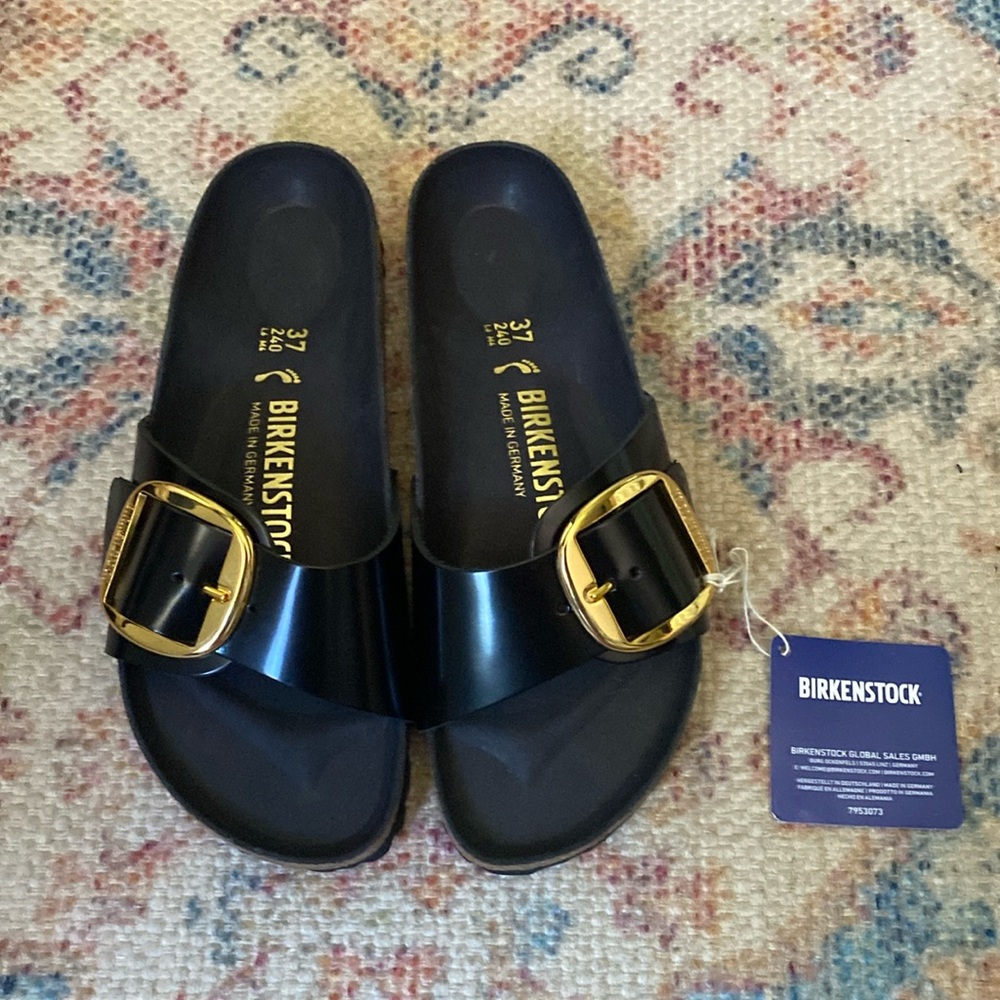 Size 37/US 6 Narrow Black and Gold big buckle Madrid Birkenstocks!
